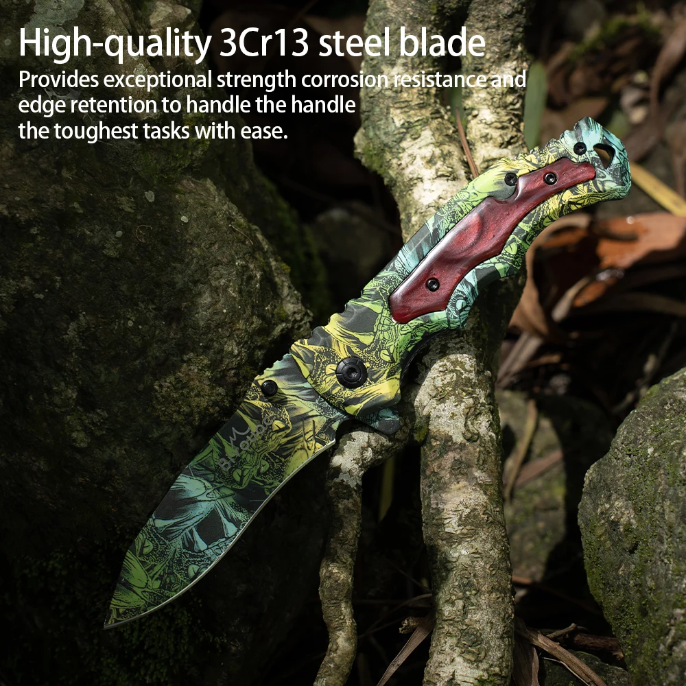 CustomOEM Wholesale  Titanium Steel Folding Knife Portable Outdoor Camping and Hunting Survival Tool with Green Yellow Handle