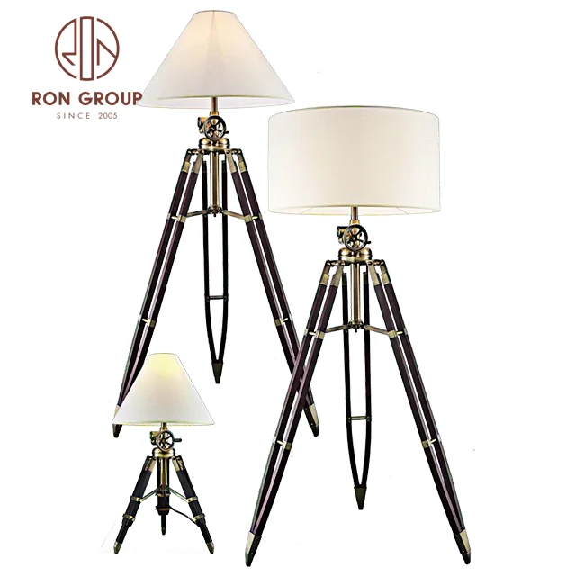 Modern Wedding Hotel Standing Lighting Waterproof Floor Led Large Lights Fabric Shade Height Adjustable Wooden Tripod Floor Lamp