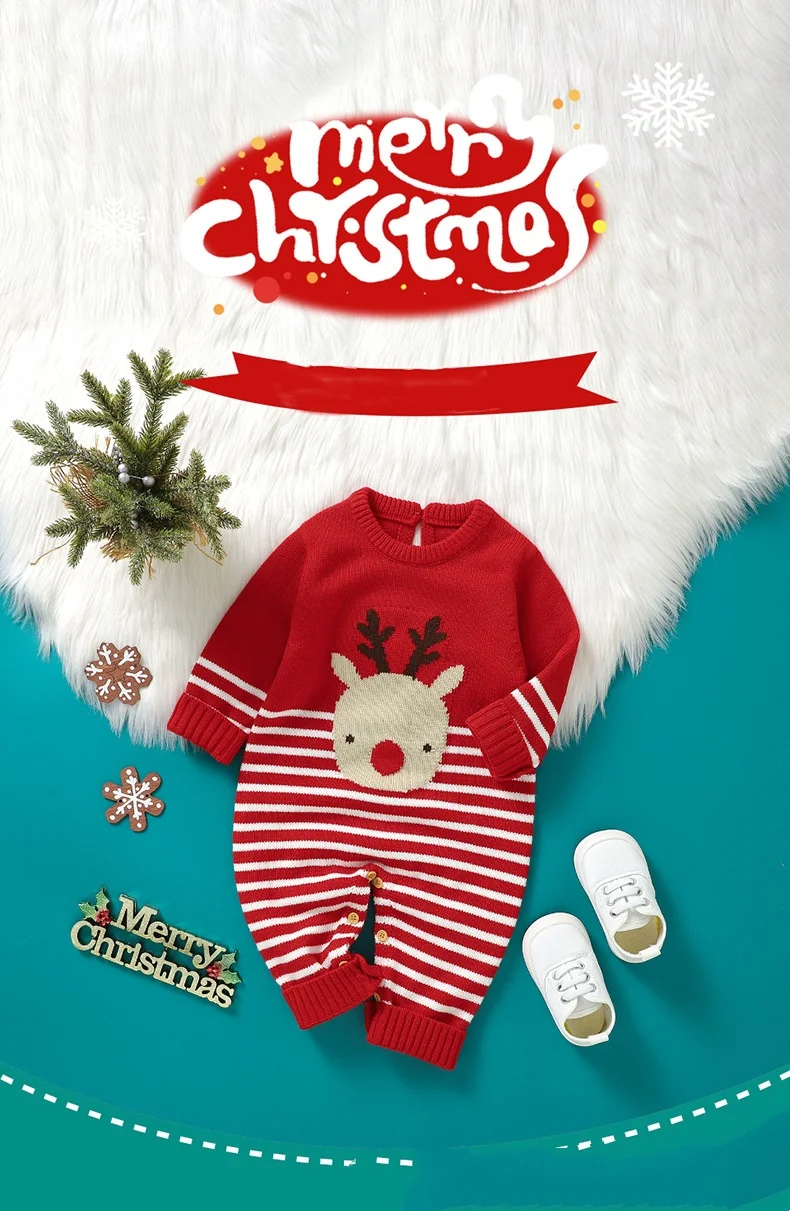 0-1 Year Old Fall/Winter New Baby Knitted Striped Christmas Moose Jacquard Sweater Newborn Onesie
