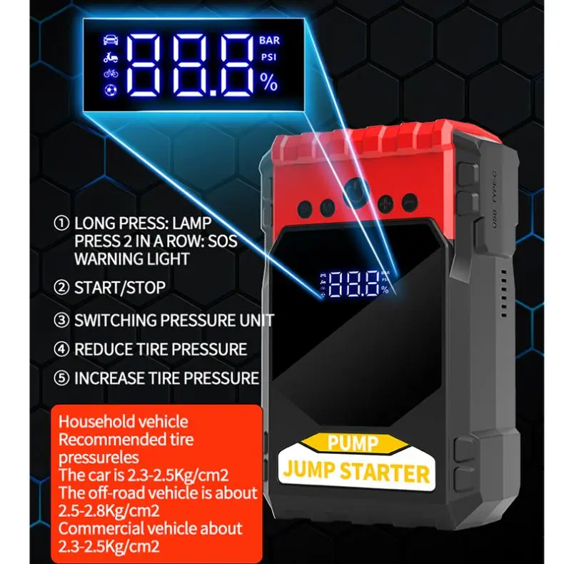 Car Jump Starter Air Pump Portable Air Compressor Multi-function Tire Inflator Auto Portable Battery Starter With EVA Bag