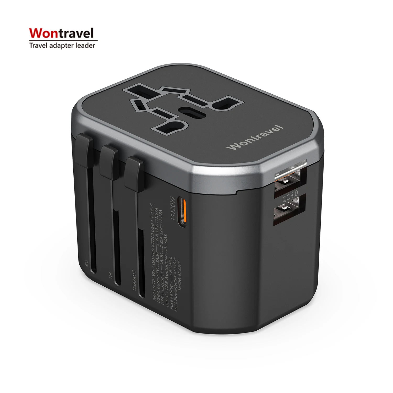 Wontravel Multi UK US EU AUS Plug Socket Travel Adaptor Charger 3 Output Portable Power Universal Travel Adapter with Usb