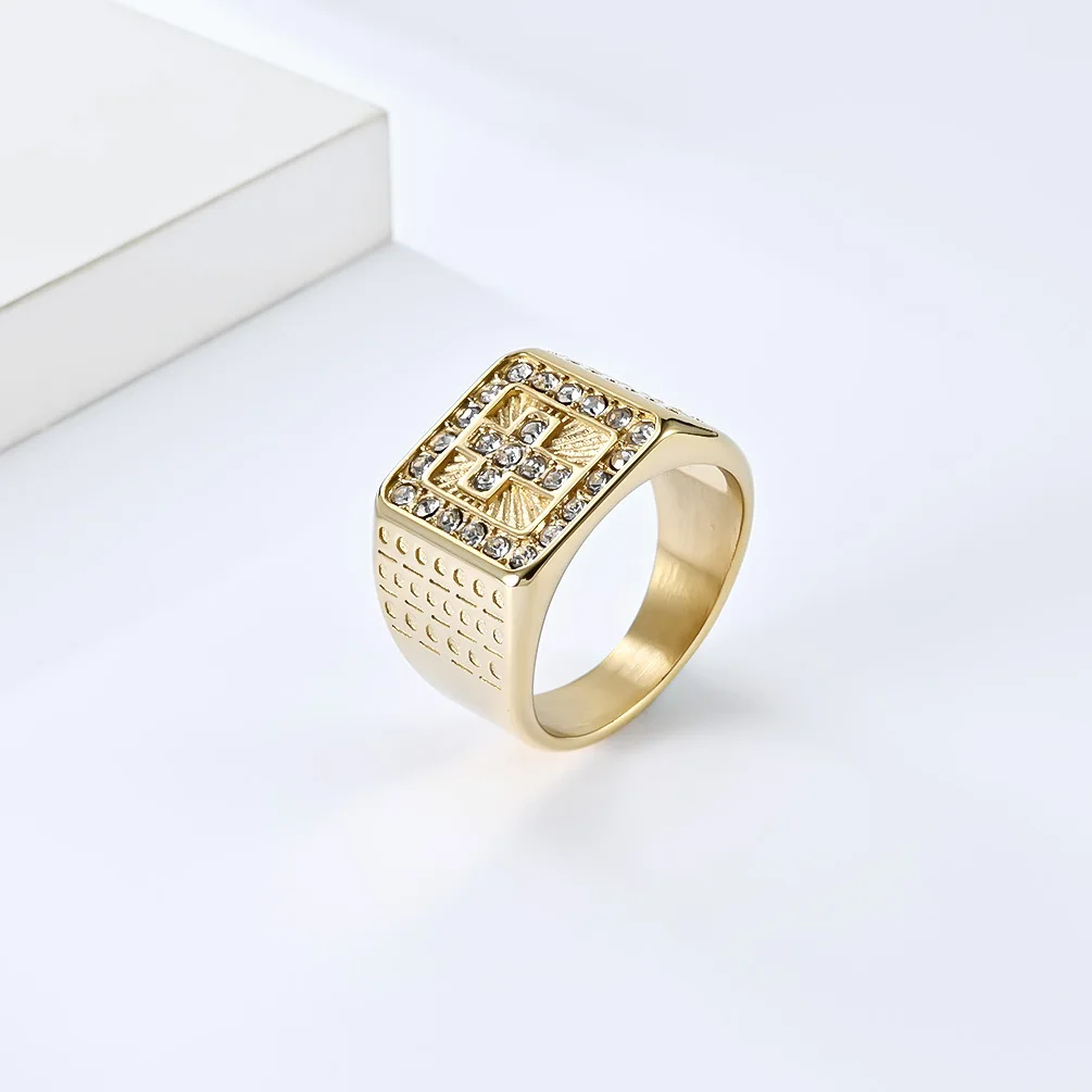15mm Titanium Steel Ring Silver Gold Light Luxury Cross Square Full Diamond Stainless Steel Ring finger rings 745