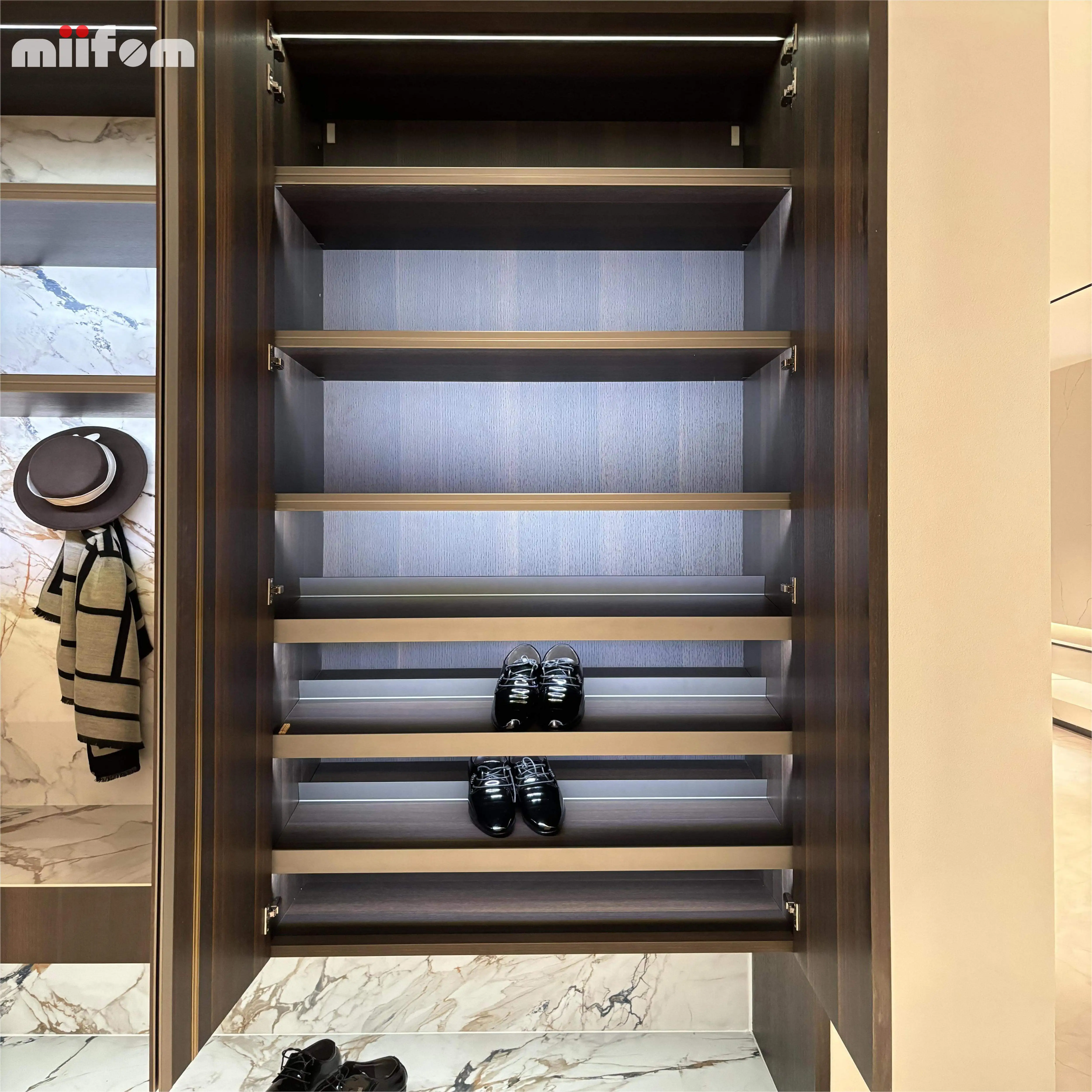 smoked oak hollow out design sense from floor to celling handles home shoes cabinet with open hanging clothes area