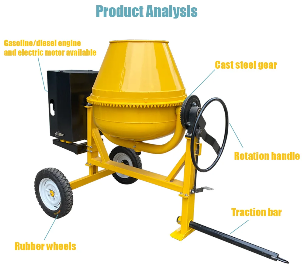2 wheels gasoline diesel electric movable concrete mixer