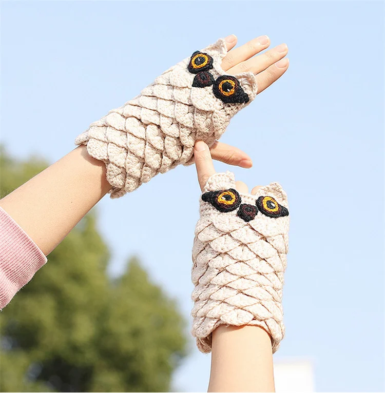 fashion 2019 cute kids animal owl knit patterns half finger mittens arm warmers crochet handmade fingerless gloves for girls