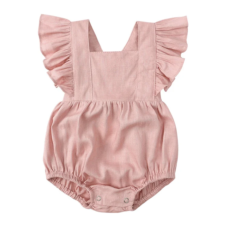 New Arrival Infant Dress Summer Square Neck Snap Button Ruffle-Strap Sleeveless Woven Solid Color Baby Girl Romper clothing
