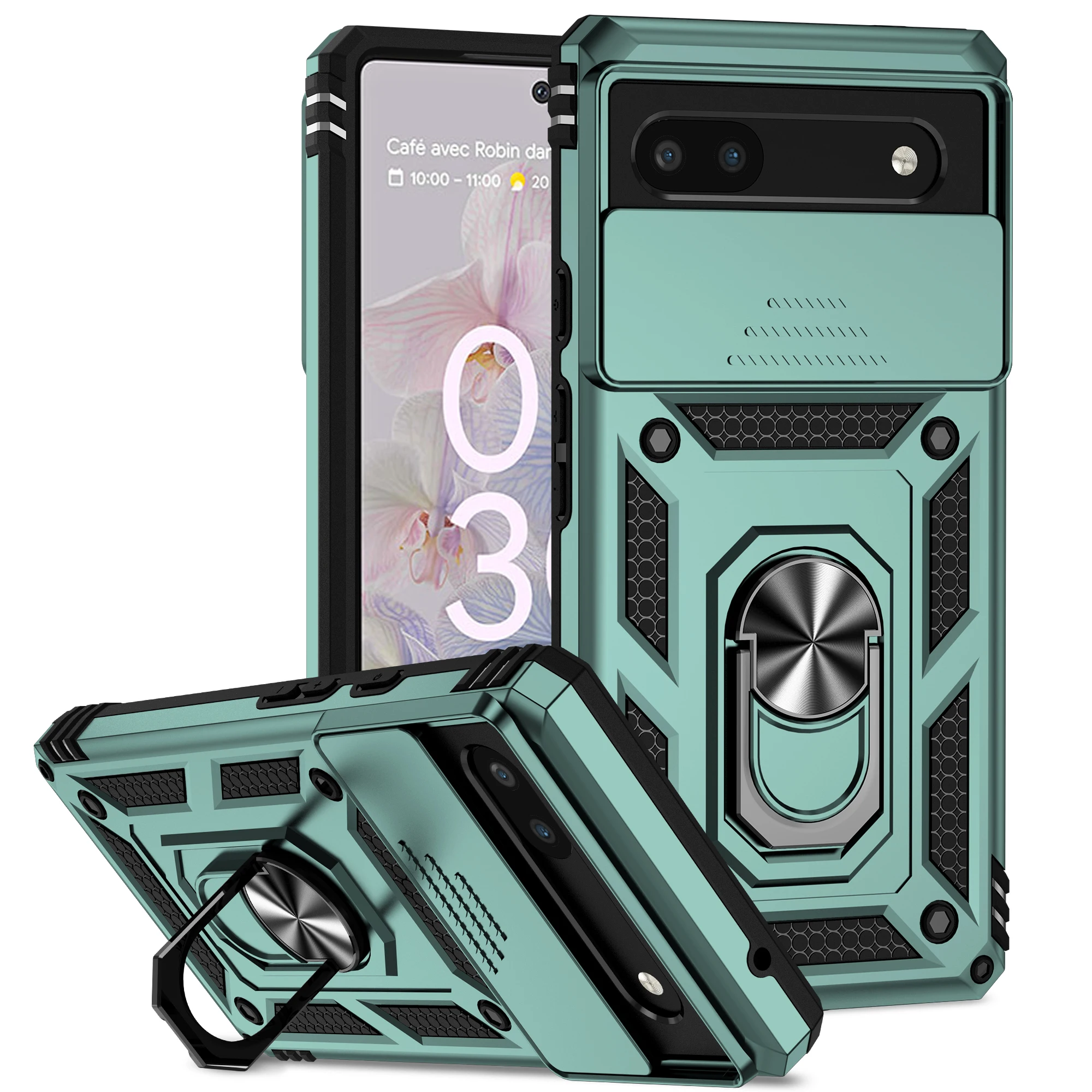 Shockproof Armor Magnetic Car Mount Ring Holder Kickstand Bracket Slide Camera Lens Protection Case for Google Pixel 6A