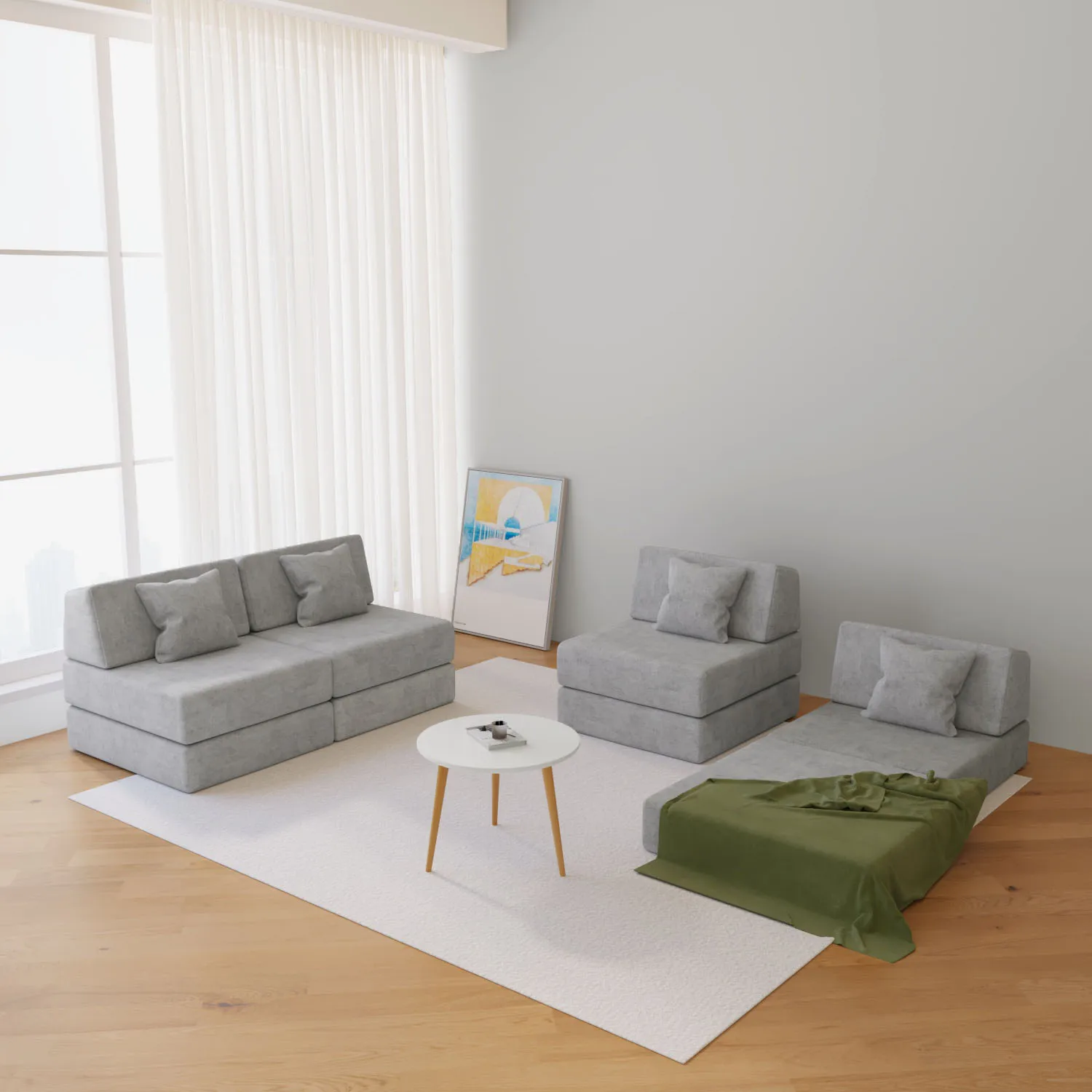 SAIEN 3 pcs Combination Sofa Gray Better Relaxation 25D Foam Tri-angle Folding Sofa Bed  Living Room Couch Set with Pillow