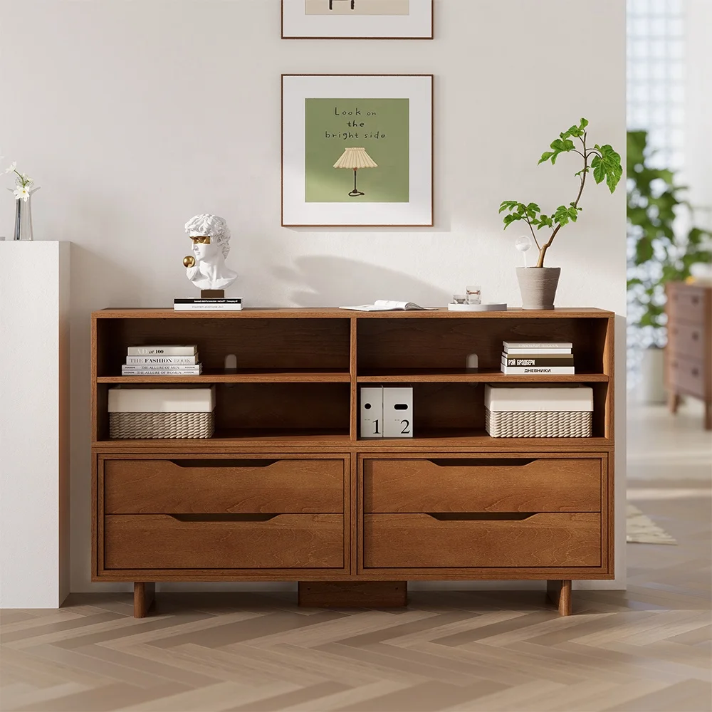 Only B2B Boori Wooden Open Book Shelf Storage Cabinet With 4 Drawers