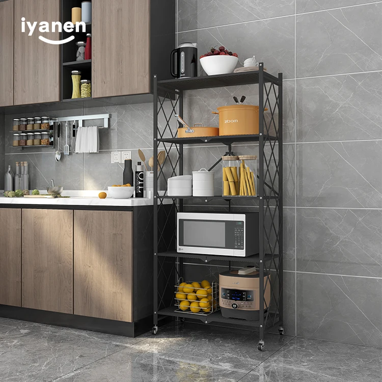 Iyanen Free Installation 5 Layer Foldable Kitchen Shelf With Wheel Mobile Floor Storage Metal Rack