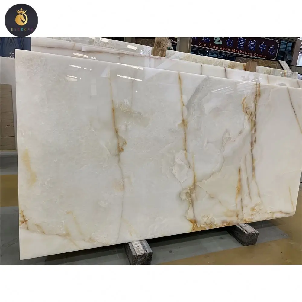 EV Wholesale High Quality Natural Stone Backlit White Onyx With Golden Veins Translucent Stone Slab For Villa Wall Decor