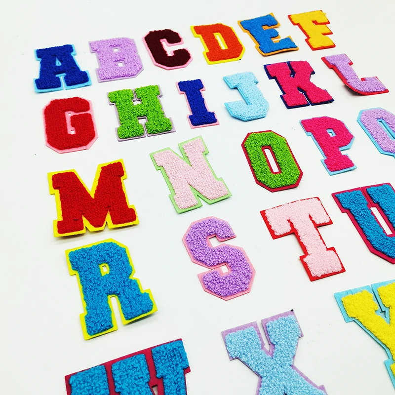26 alphabets heat press backing colorful towel chenille letter patch iron on chenille patches for garment hat hoodie