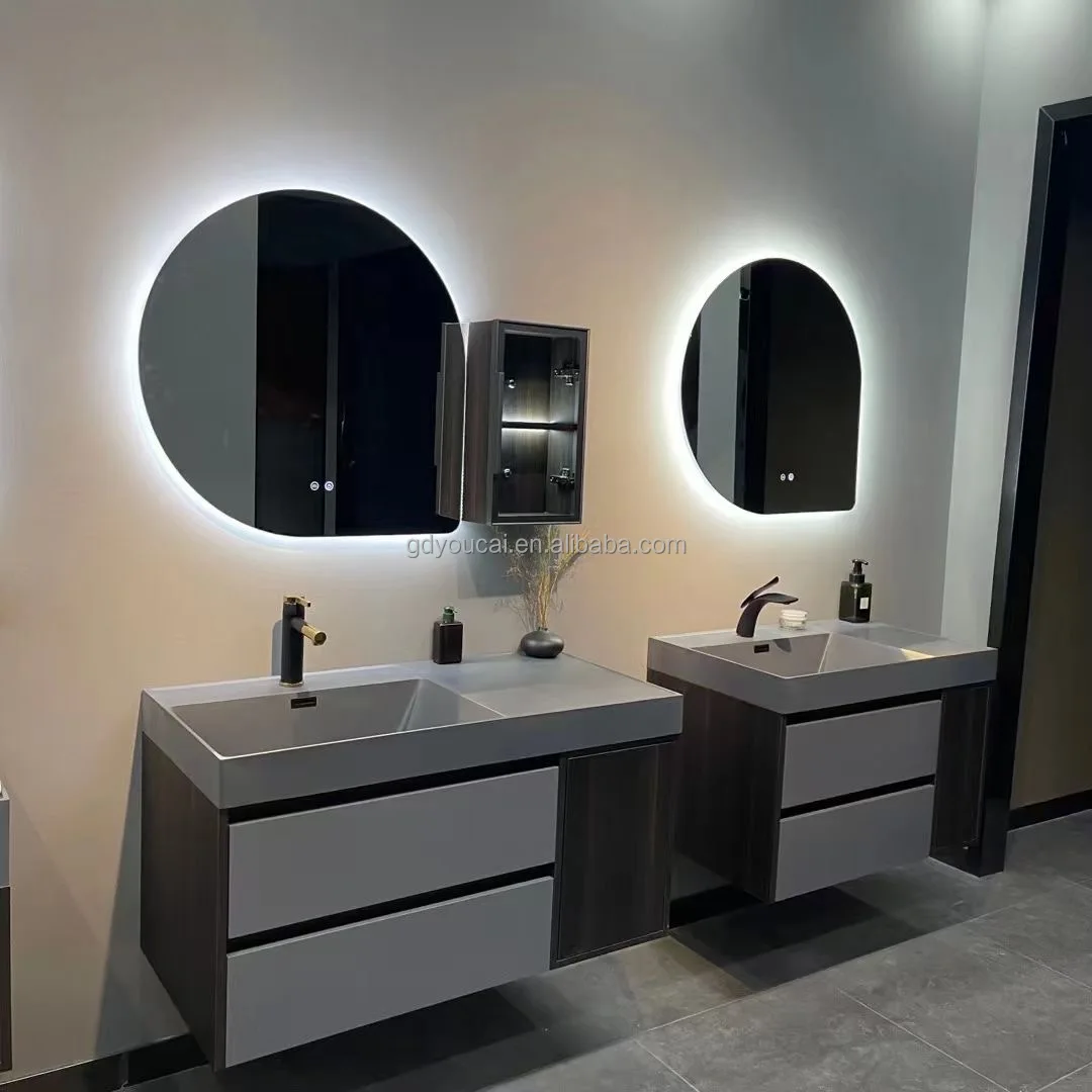 Sanitary ware slate countertop double basin bathroom vanity with LED mirror premium wall mount bathroom vanity