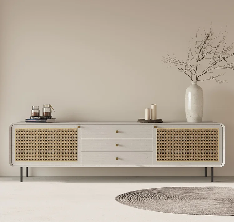 Antique Style TV Stand with Rattan Design Large Storage Space