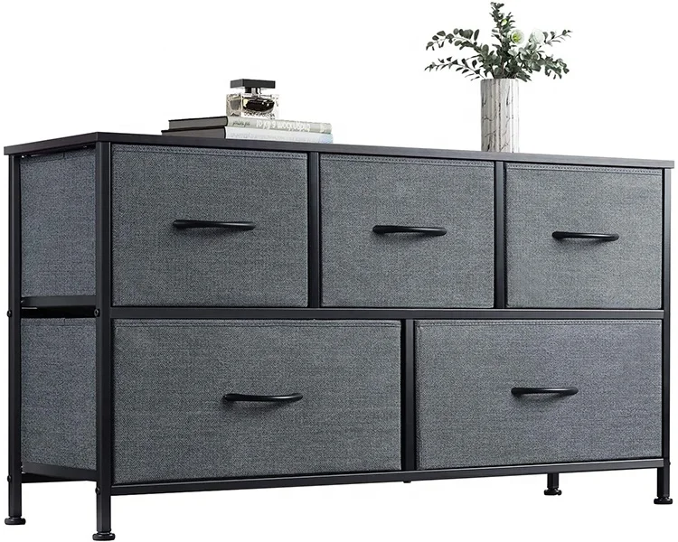 High Quality Modern Bedroom Furniture Storage Fabric Dresser 5 Chest of Drawer With Wood