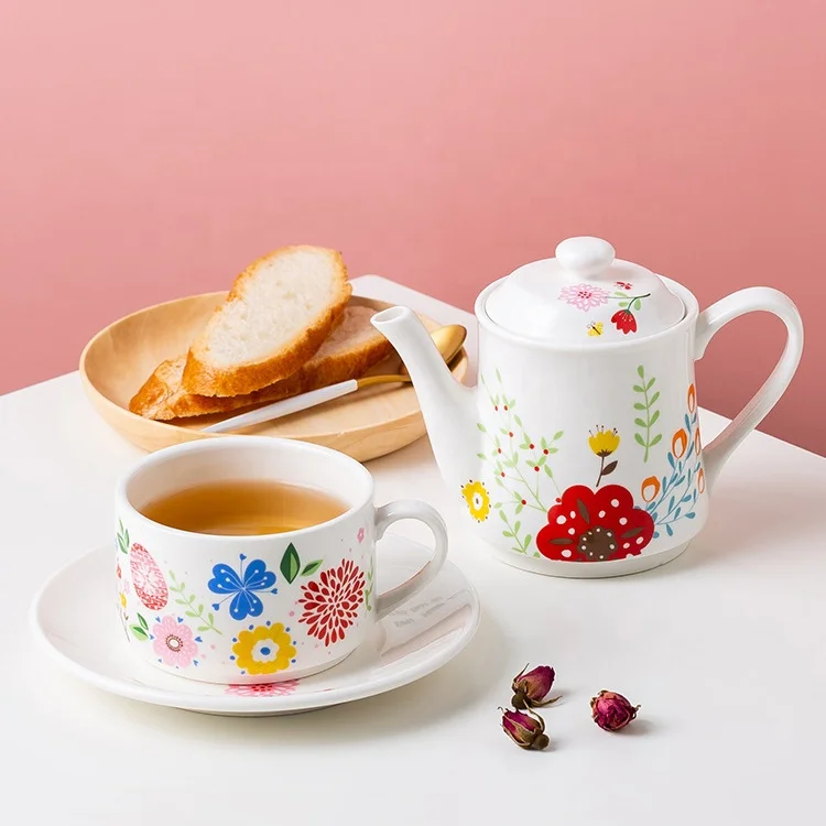 Wholesale Stackable Ceramic Tea Pot with 2 Tea Cups Set Flower Printed Tea for Two Gift Set