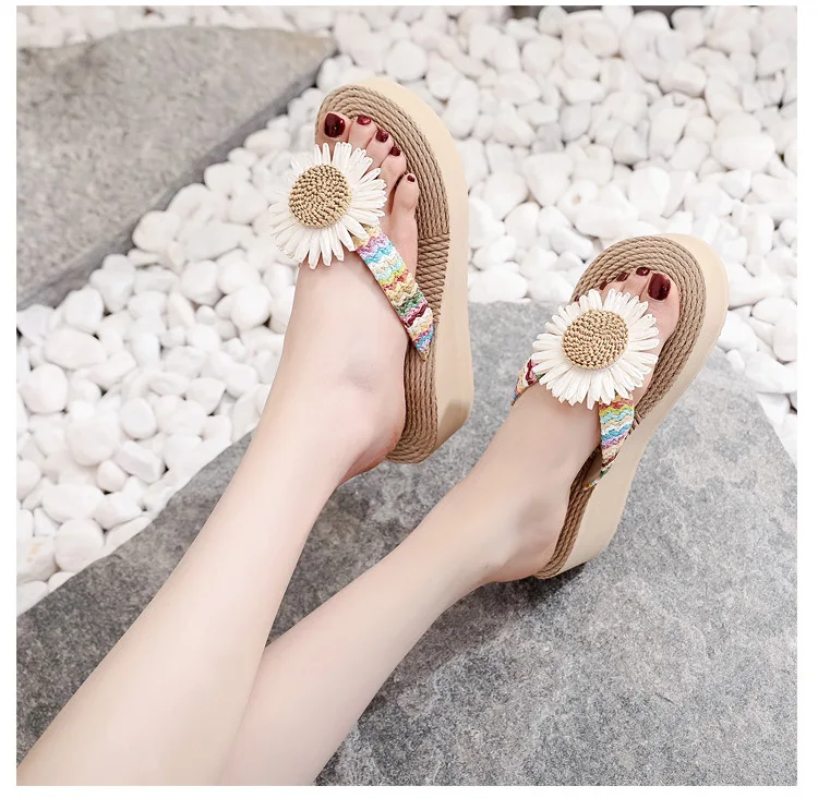 Cute charming elegant ladies flip-flops floral twine three heights different styles flat platform slipper flip-flops for women