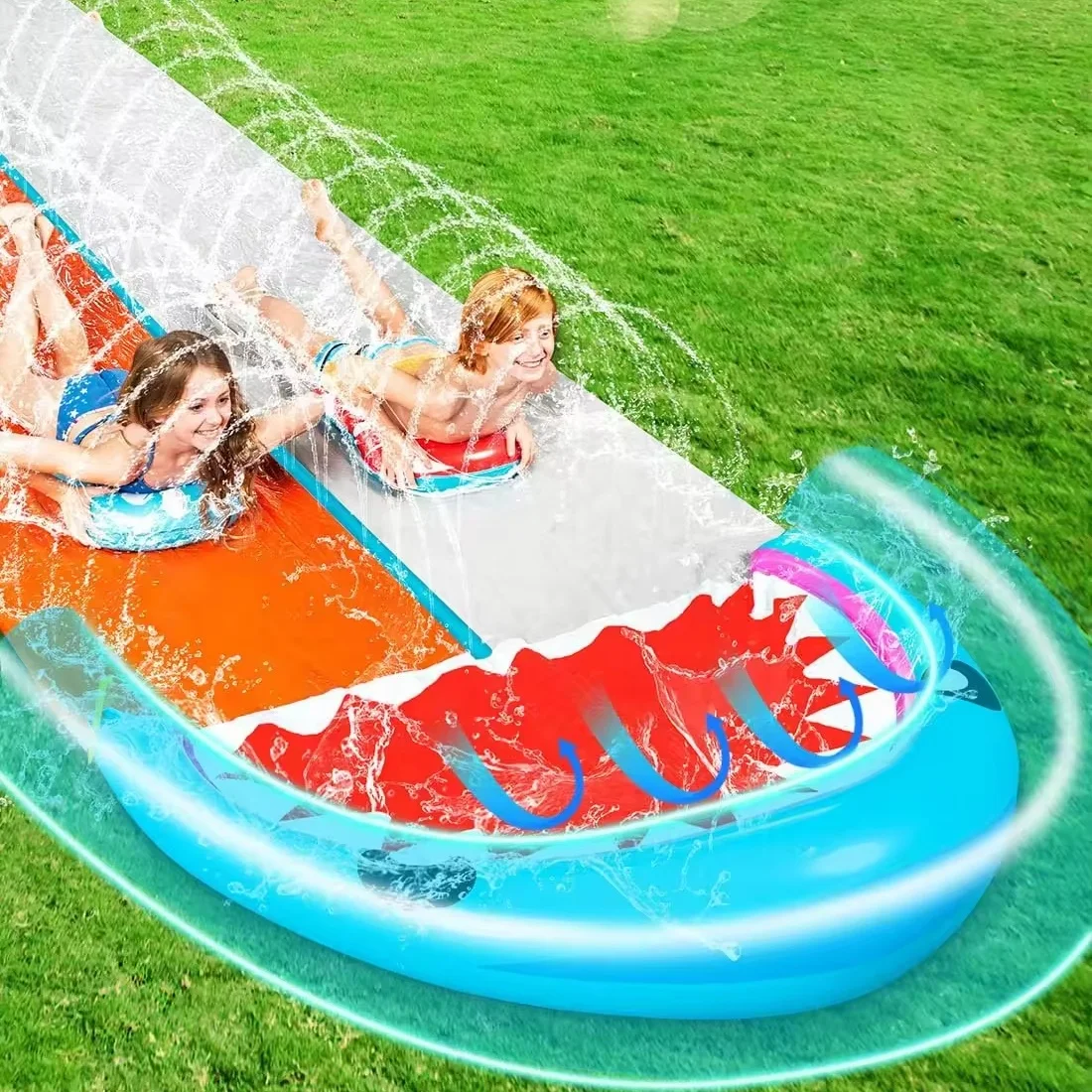 22.5ft Water Slides with 2 Inflatable Boards Backyard Outdoor Lawn Slip Waterslider 2 Sliding Racing Lanes with Sprinklers
