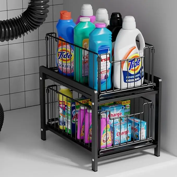 2 Tier Basket Drawer Organizer, Pull Out Under Sink Cabinets , Metal Home Organizer Shelf for Bathroom or Kitchen