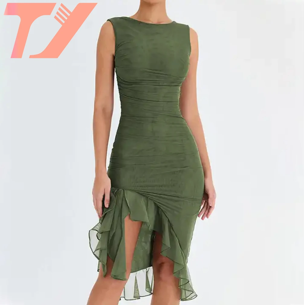 TUOYI Ladies New Backless Sleeveless Irregular Club Party Sexy Dress Elegant Ruffle Ruched Midi Dress Women hot summer products