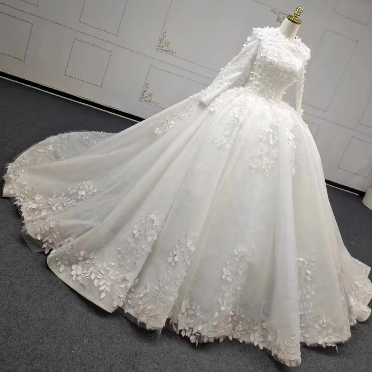3D flowers high neck long sleeve ball gown muslim wedding dress vestido de novia 2023
