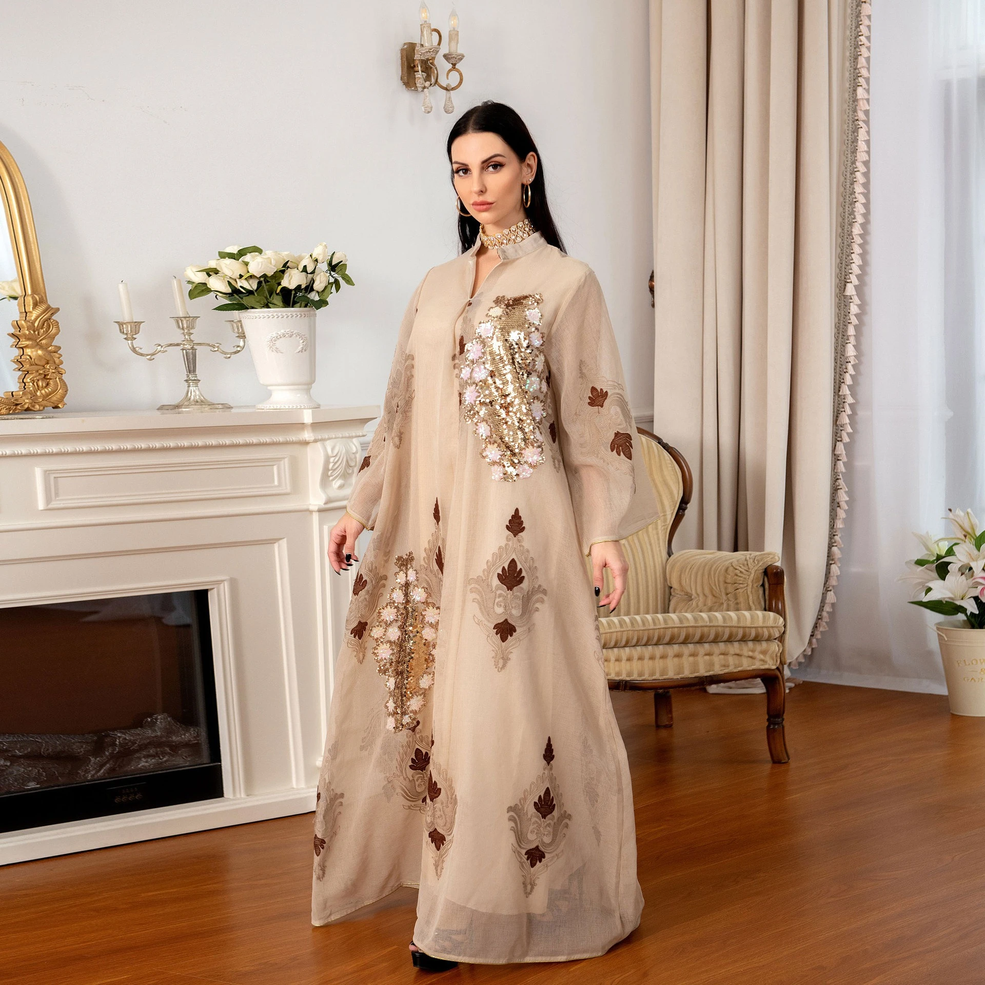 new 2024 High Quality Ethnic Clothing Sequin Islamic Women Dubai Abaya Loose Autumn Casual Dress Kaftan Dresses