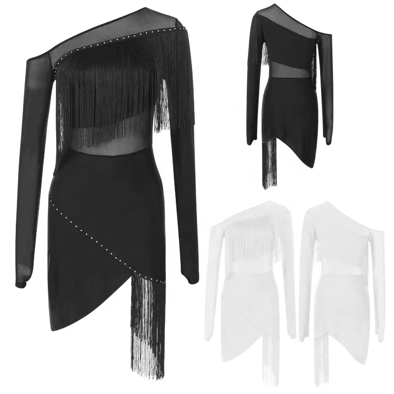 Womens National Ballroom Fringed Tango Samba Dance Dress Mesh Long Sleeve Latin Dance Performance Dress