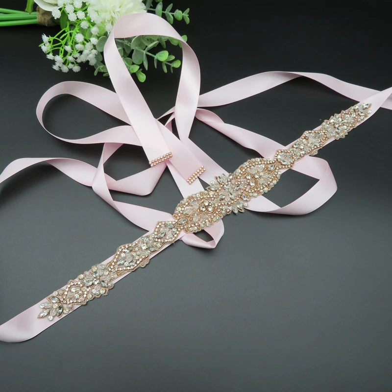 
Best selling Fashion Rose Gold Wedding Belts with Rhinestone Trim Applique Crystal Flower Beads Bridal Belt 