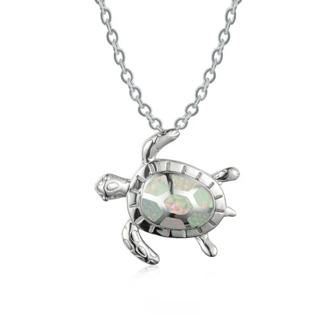 S925 Sterling Silver Statement Sterling Silver The Blue Sea Turtle Opal Pendant Necklace