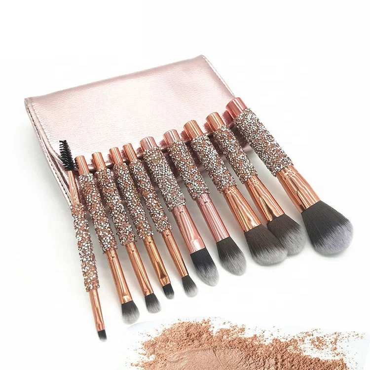
jewel rose gold face hair piece magnet beauty glam 12pcs sparkling brass ferrule handle wholesale synthetic crystal makeup brush 