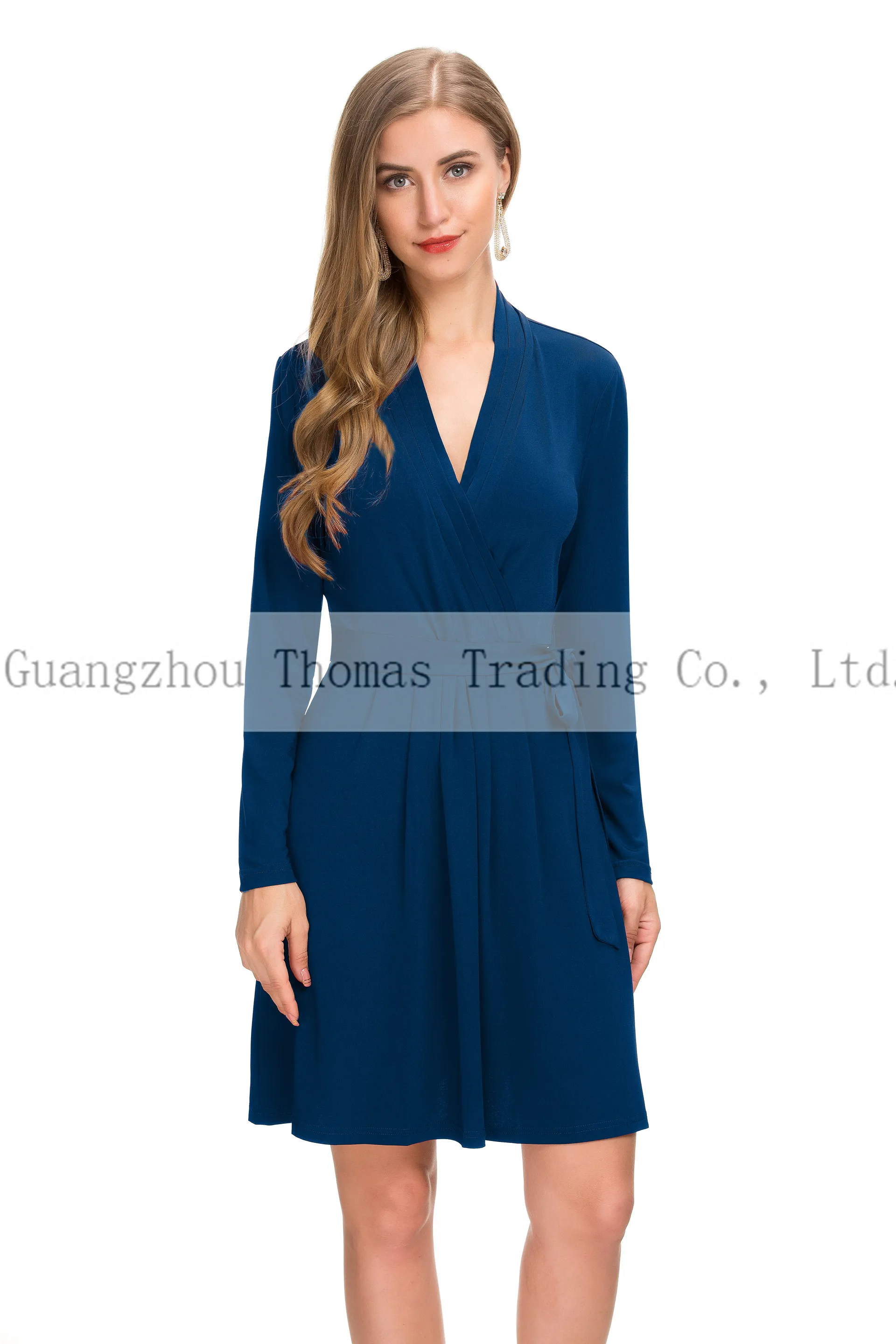 Hot Sell Women Fashion Clothes Elegant Casual Belted Faux Wrap Midi Dress  Hot Sale New Hot Sale New Style Design Spring Summer