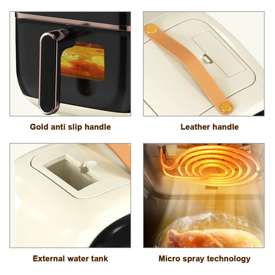 Oil Free 3D Spray Water Mist Led Display Touch Screen Digital Micro Jet Smart Air Fryers With Handle and Visible Window Basket