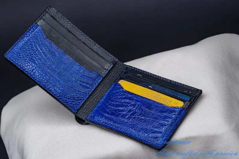  Мужской темно-синий бумажник страуса мужской ручной работы двойного сложения Роскошный кошелек из экзотической кожи для мужчин