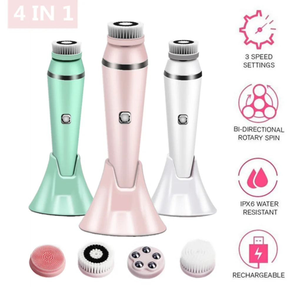 Hot Selling Wireless Charging Electric 4 in 1 Replace Heads Brushes Waterproof Silicone Sonic Facial Cleansing Brush
