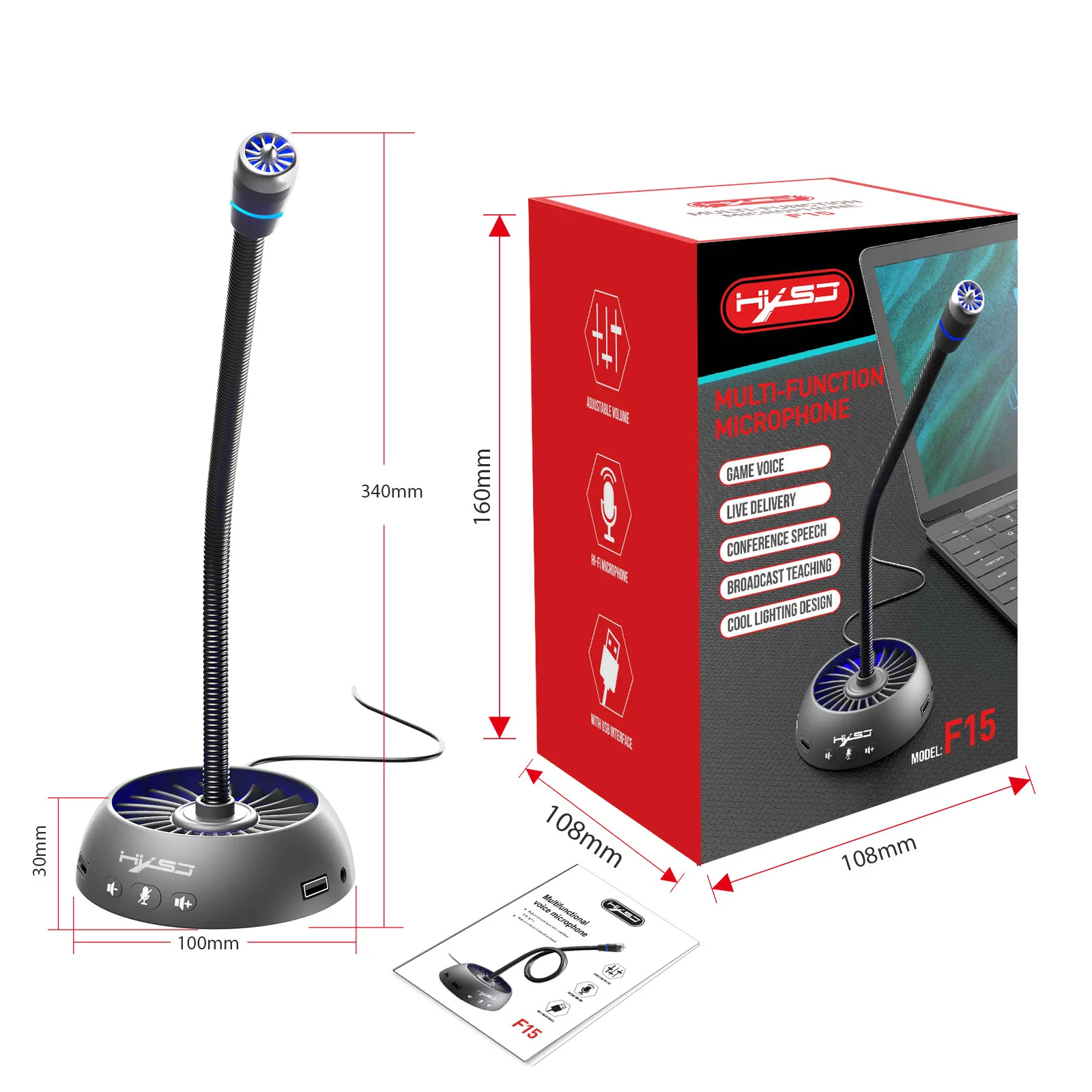  Компьютерный микрофон RGB гибкий USB-микрофон с подсветкой функцией бесплатного вождения настольный конденсаторный для