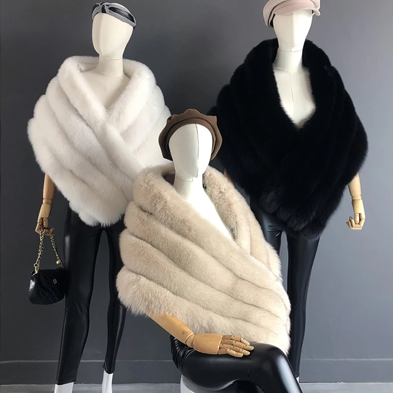 Woman Real Fox Fur Shawl Vest Jacket Fluffy Fur Cape Natural Fur Poncho Lady Scarf Wrap Coat Shawl Wedding Party Clothing