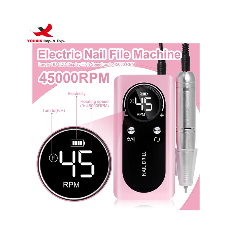 Factory OEM High Speed 45000rpm Cordless 2600mAh Portable Professional Rechargeable Nail Drill Machine for Nails
