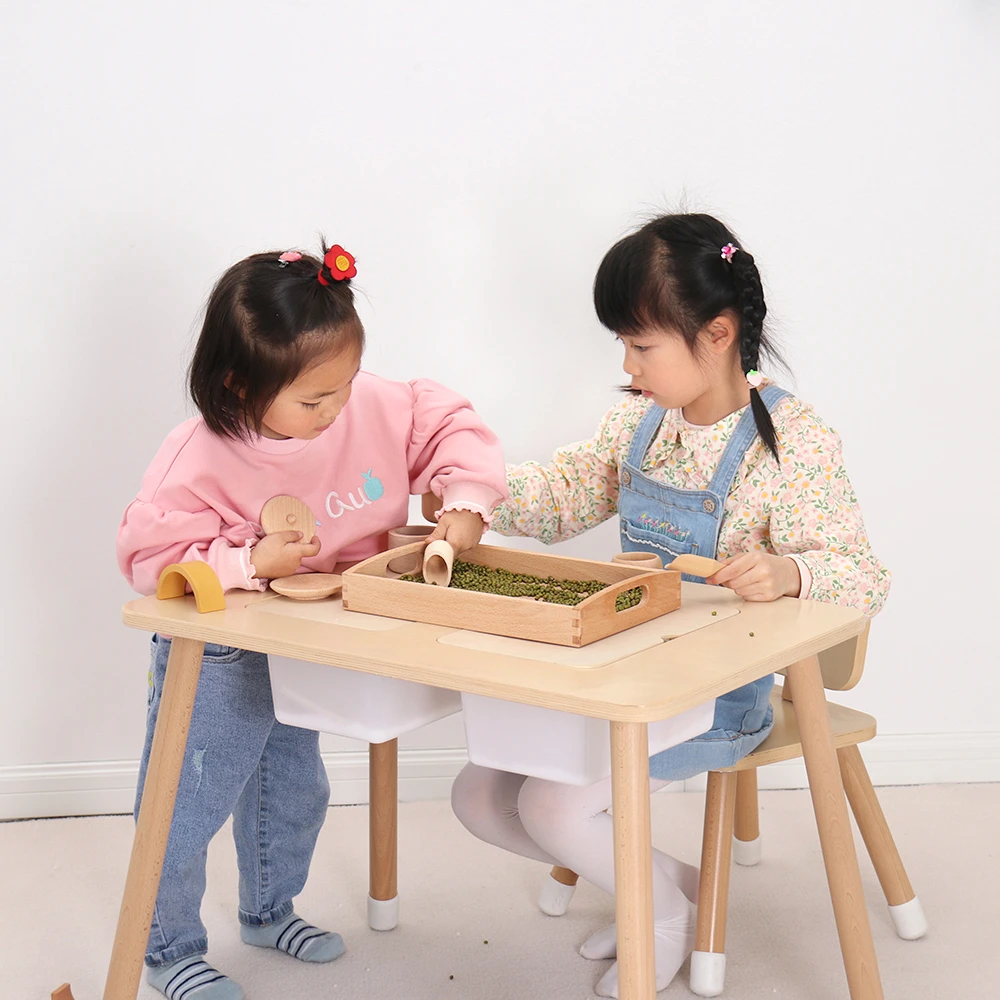 Kids Bedroom Furniture Kids Wood Toy Play Table with Lids Plastic Storage Box Water Table Multifunction Block Sensory Table