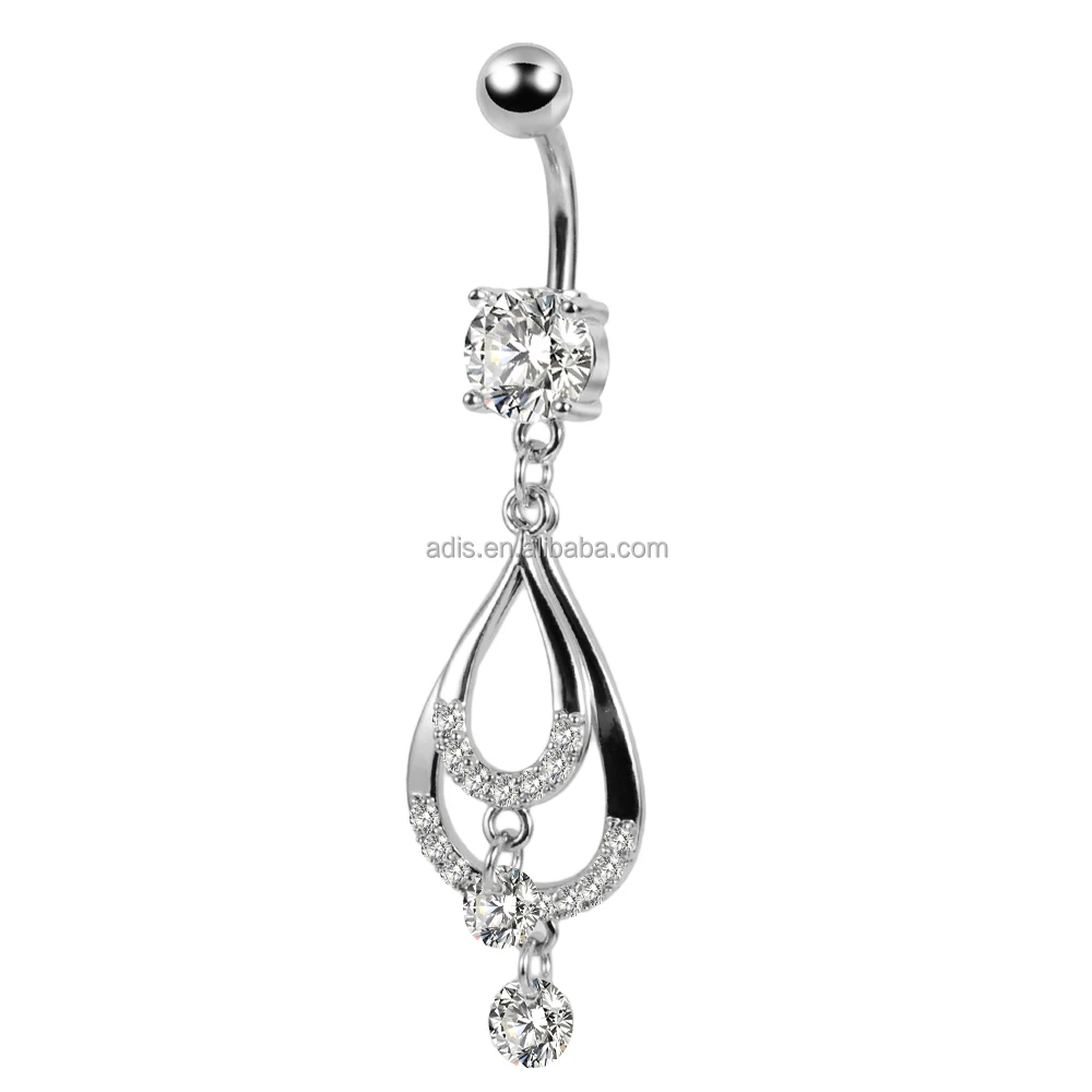 High Polished Stainless Steel Belly Ring Zircon Chain Banana Button Ring Dangle Navel Piercing Jewelry