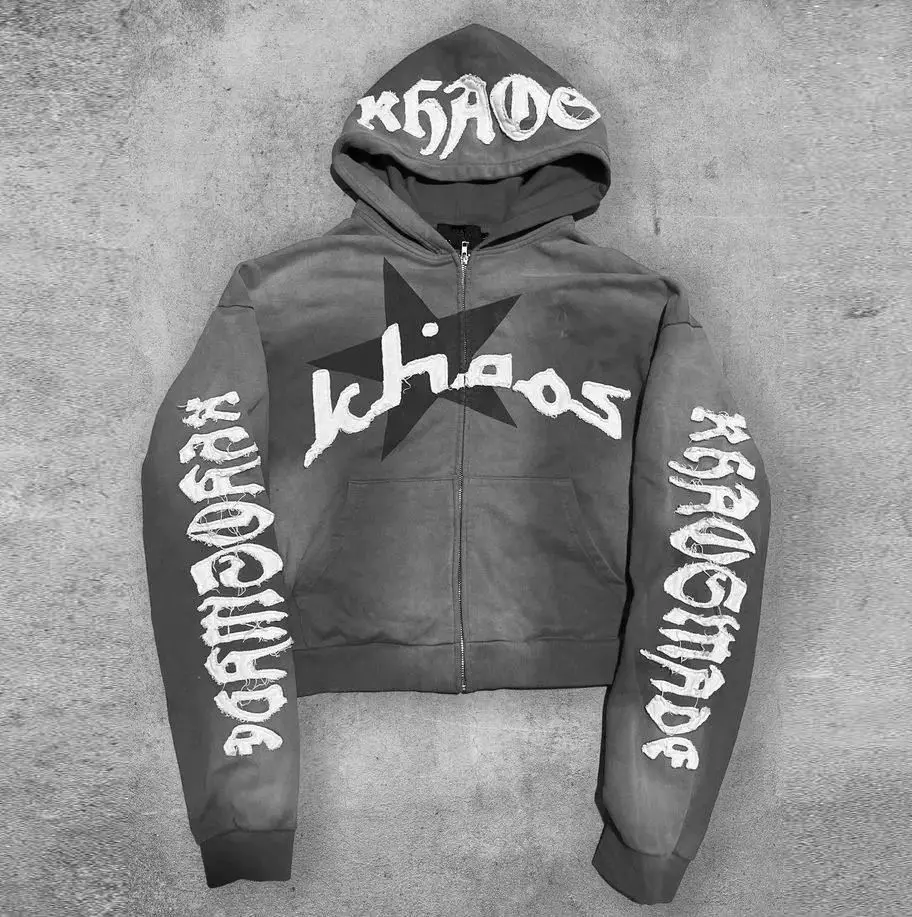 Streetwear Custom Acid Washed Vintage Tracksuit Men Streetwear Distressed Patchwork Hoodie And Sweatpants Set Sweatsuit