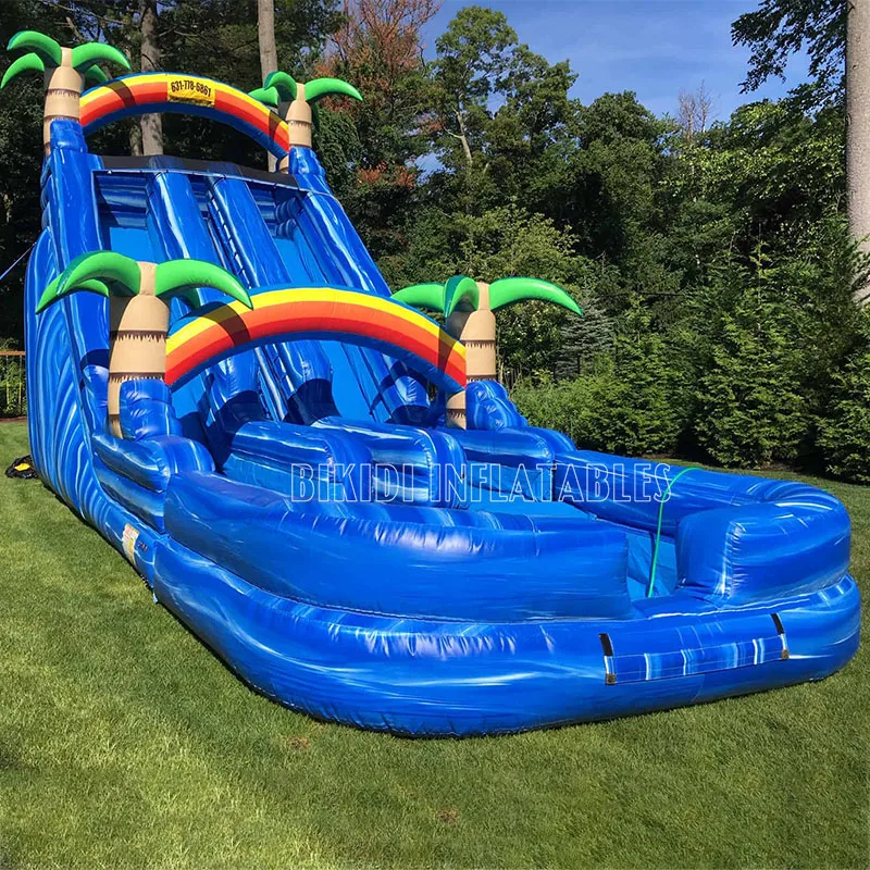 High Quality Summer Ocean Blue Crush Slide, holiday Inflatable Tropical Palm Tree Water Slide