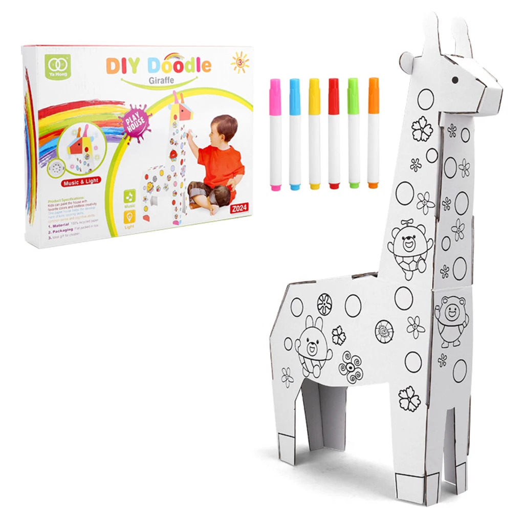 3D DIY Creative Giraffe Elephant Sheep Pattern Decorate and Personalize Painting Kids Cardboard drawing toy with music