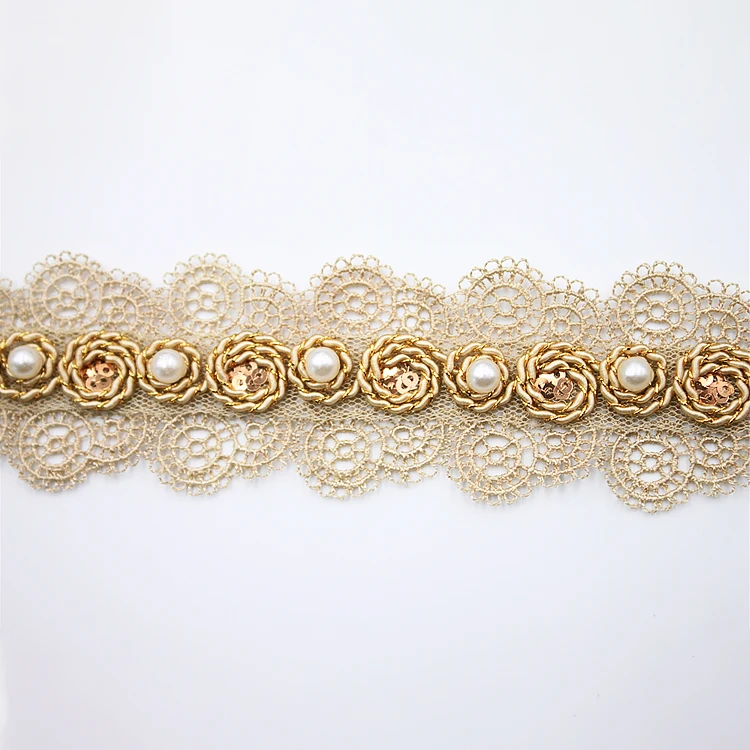 MS17530 High Quality Wholesale Handmade  Golden Lace Pearls Beaded Trims