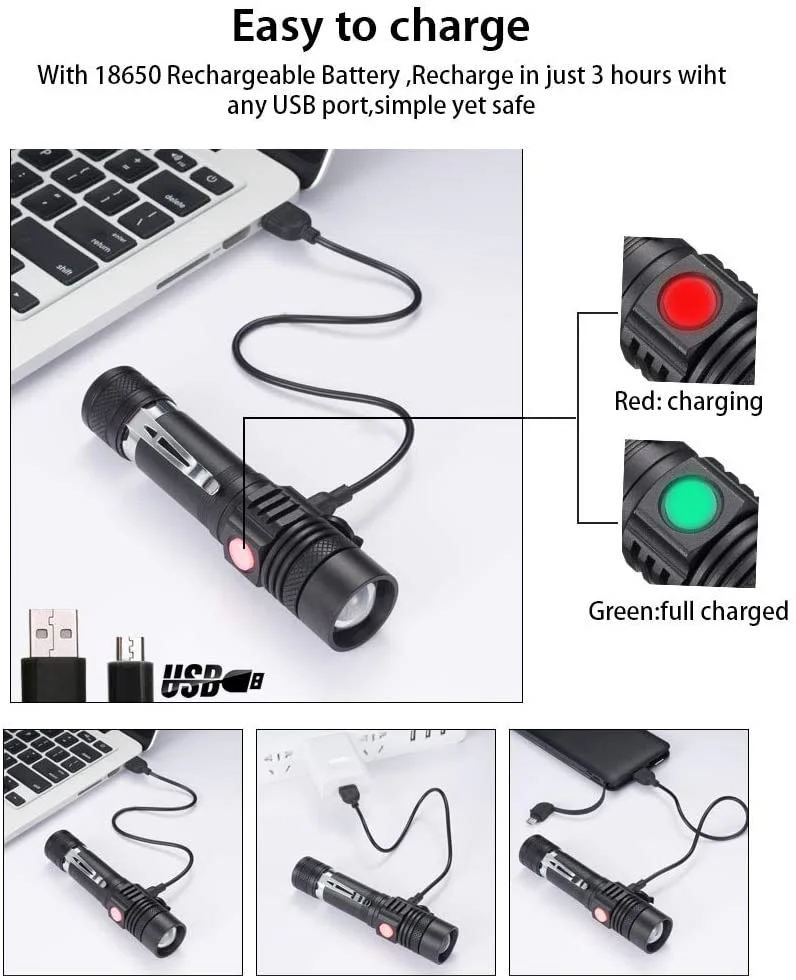  Масштабируемый алюминиевый водонепроницаемый фонарик Usb Перезаряжаемый светодиодный тактический с зажимом фонарь высокой