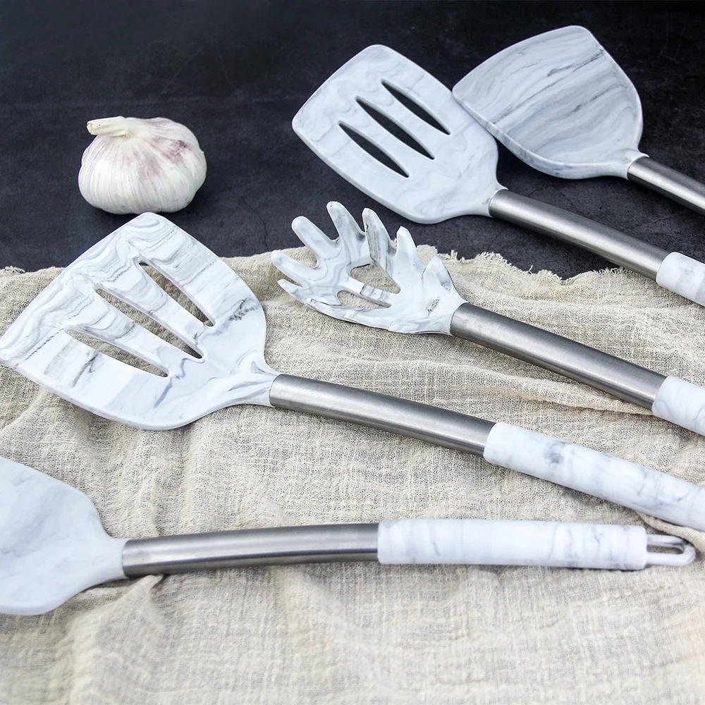 Кухонная утварь YF из пищевого силикона, кухонная утварь с ручкой из нержавеющей стали, многофункциональный мраморный набор из 15 предметов, кухонная утварь