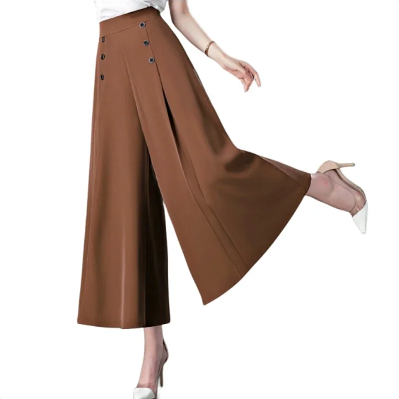 Women Vintage High Waist Drape Pants Summer Button Wide Leg Ankle-Length Trousers Office Lady Casual Baggy Pants Plus Size