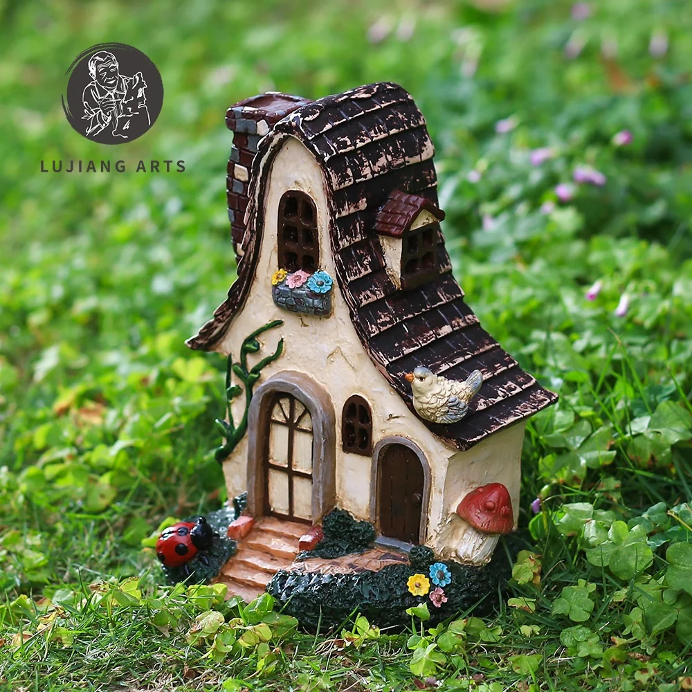 7.8 inch Village Cottage Statue Resin House Sculpture Decoration Fantastic Red Village Cottage Figurine Garden Gift