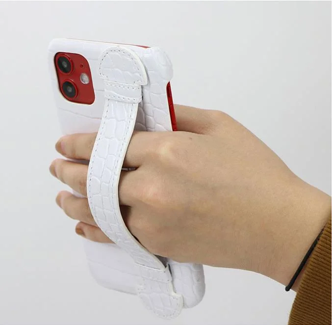 Fashion small order wholesale vegan PU leather handle carry custom cell phone case for iPhone