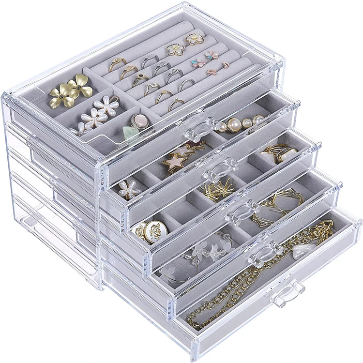 
Low price Factory wholesale 5 drawers clear acrylic velvet jewelry box jewellery organizer Display Case for Earrings, Rings 
