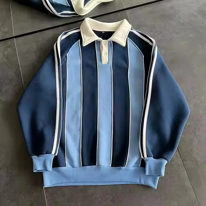 Wholesale Custom Logo Striped Rugby Polo Shirt Breathable Cotton Long Sleeve T Shirt For Men